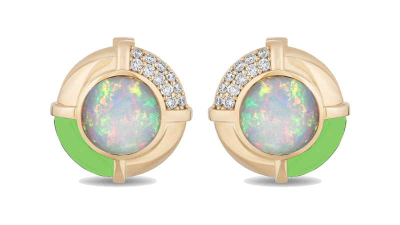 “A Touch of Spice” earrings in 14-karat yellow gold with Ethiopian opal, green turquoise, and diamonds ($5,500)