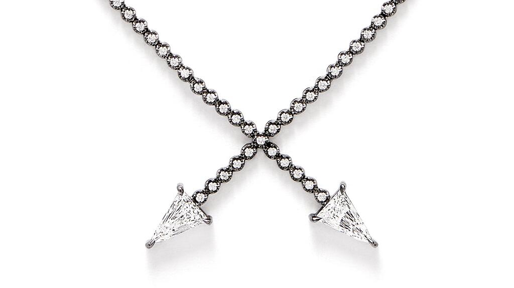 Eva Fehren black rhodium-plated 18-karat gold “X” necklace with 1 total carat trillion-shaped diamonds and diamond pavé