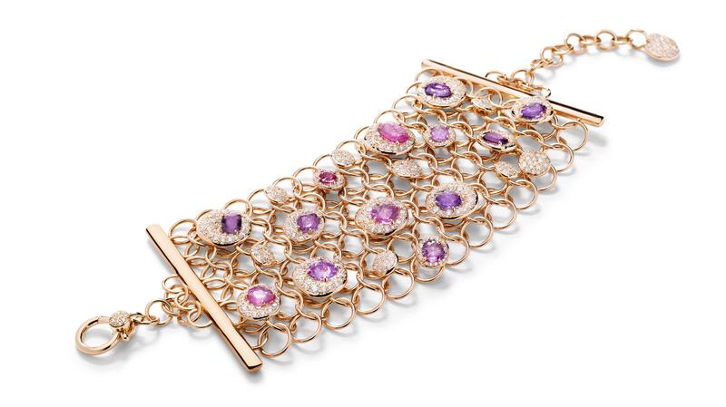 Pomellato high jewelry Urban Bloom bracelet in rose gold with diamonds and pink and purple sapphires