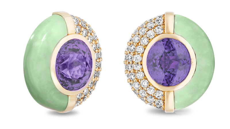 “Sugar and Spice” button studs in 14-karat yellow gold with amethyst, Peruvian mint opal, and diamonds ($8,175)