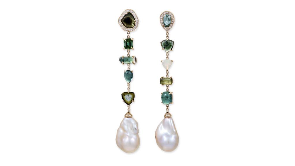 Jacquie Aiche earrings in 14-karat gold with assorted tourmaline, Baroque pearls, opal, and diamond pavé