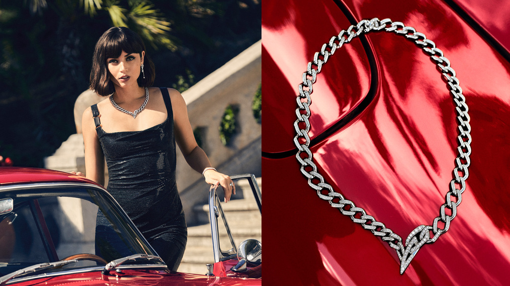 Another shot of Ana de Armas in the new NDC ad campaign, in which the actress is wearing Malyia McNaughton’s jewels. A close-up of the necklace used in the shot is pictured at right.