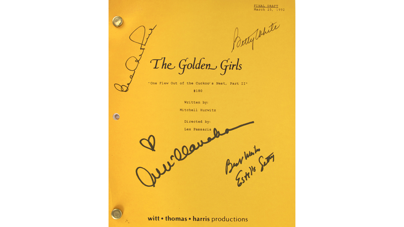 A script for part two of “The Golden Girls” series finale signed by the show’s four stars is estimated to fetch $3,000 to $5,000. Included in the lot is a copy of the part one script signed by guest star Leslie Nielsen. (Photo credit: Julien’s Auctions)