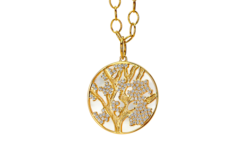 Syna Jewels Jardin Cherry Blossom pendant with ethically sourced mother-of-pearl and diamonds set in 18-karat yellow gold ($4,950)