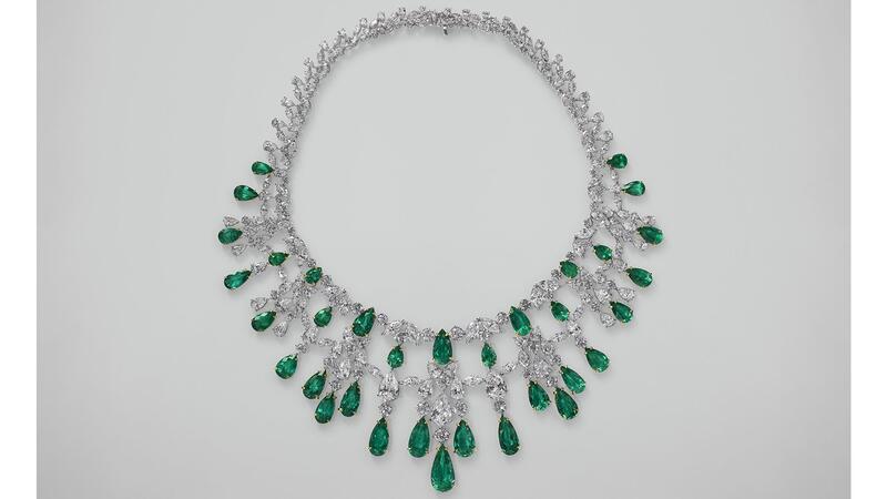 This 18-karat white gold Colombian emerald and diamond bib necklace will be one of the lots up for auction in “A Journey Through Gems.” Bidding opens March 17 on Joopiter.com.