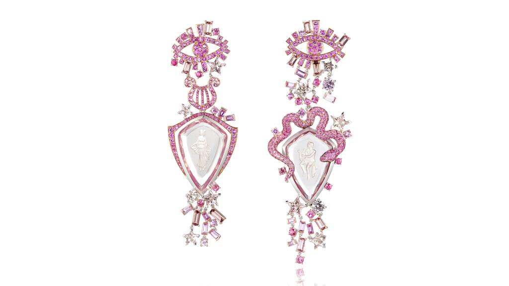Lydia Courteille “Orpheus and Eurydice” earrings in 18-karat white gold featuring 43.32 carats of carved morganite, 22.97 carats of pink sapphires, and 0.32 carats of rubies