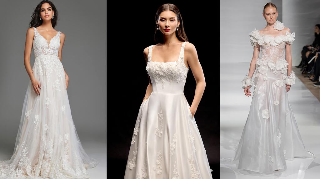 At New York Bridal Fashion Week, florals showed up on gowns in the form of lace, applique, macramé, and beaded styles. Examples shown above are (from left) by Jovani, Justin Alexander Signature, and Pnina Tornai Jovani, Justin Alexander Signature and Pnina Tornai wedding dresses