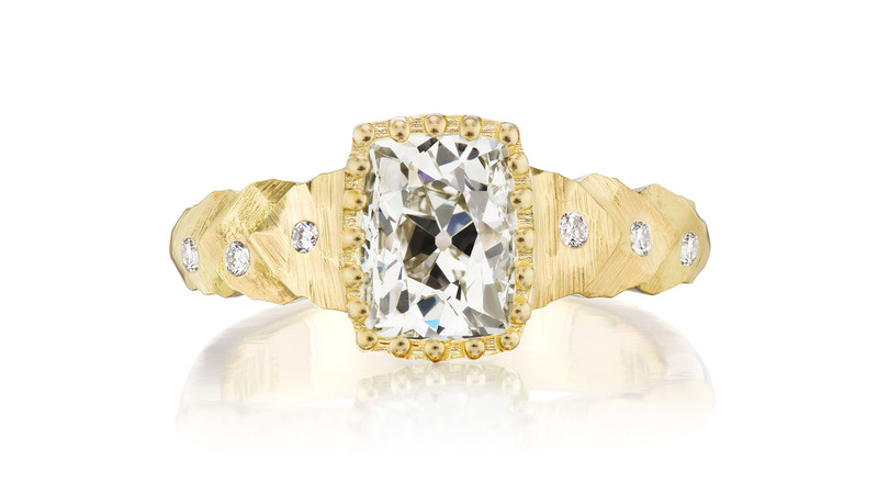 Dana Bronfman Petal Tiers Ring with 18-karat fairmined yellow gold and post-consumer recycled antique elongated cushion-cut diamond ($18,900)