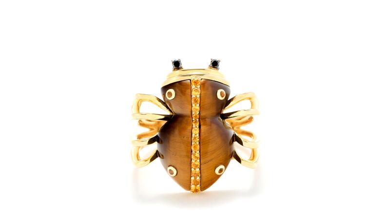 Yvonne Léon spider ring in 9-karat yellow gold with citrine, tiger’s eye, and black diamonds ($3,710) Yvonne Léon spider ring