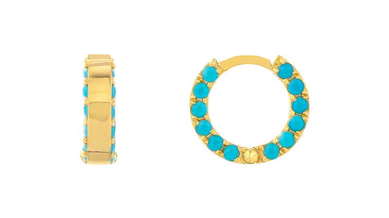 <a href="https://www.midaschain.com/" target="_blank">Midas Chain</a> turquoise embellished huggie earring in 14-karat gold ($529)