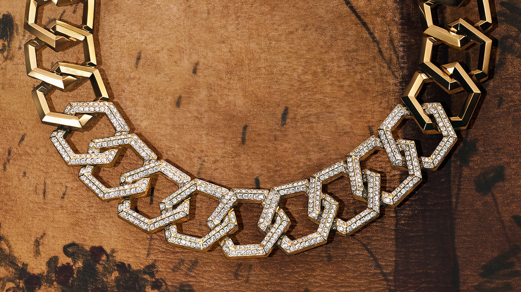 The Carlyle Necklace features 8.42 total carats of diamonds in 18-karat yellow gold ($49,000-$49,500 depending on length).
