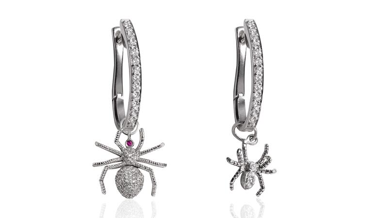 Cédille mismatched “Spider” earrings in 18-karat white gold with diamonds and rubies (price available upon request) Cédille spider earrings