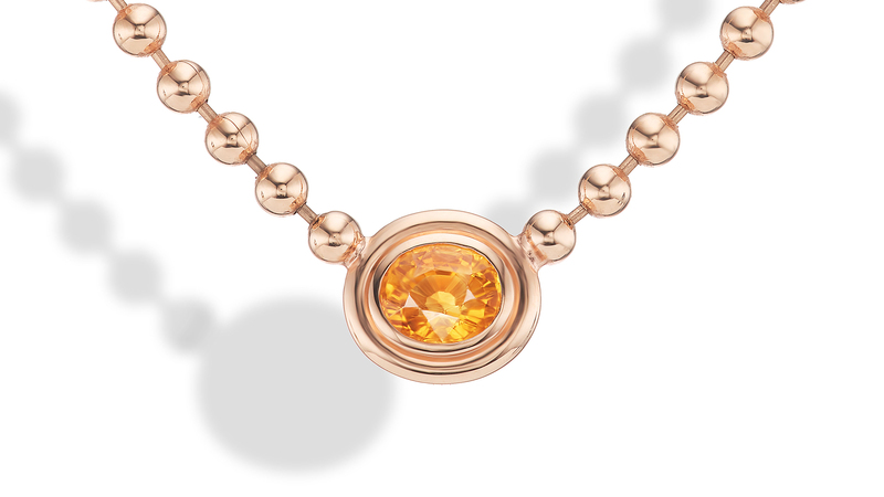<a href="https://gemellajewels.com/collections/necklaces/products/mandarin-garnet-double-bubble-bezel-necklace" target="_blank">Gemella Jewels</a> necklace in 18-karat gold with mandarin garnet ($6,960)