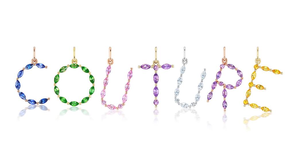 Jane Taylor letter pendants in 14-karat yellow gold and available in diamond, amethyst, sapphire, citrine, and turquoise