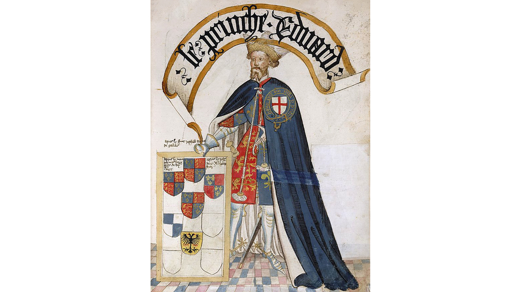 Edward of Woodstock, later known as “The Black Prince,” as seen in a miniature in William Bruges’ Garter Book (Image courtesy of Wikimedia Commons)