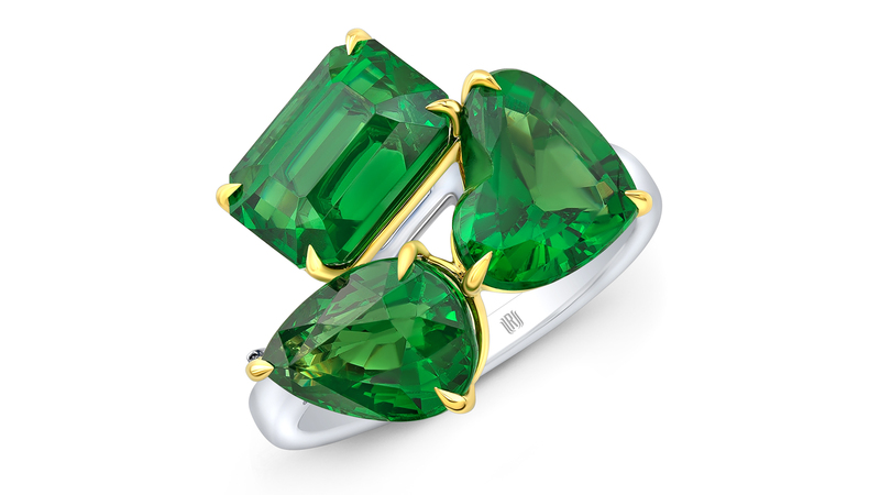 <a href="https://rahaminov.com/" target="_blank">Rahaminov Diamonds</a> tsavorite garnet “Triple Threat Ring” set in platinum and 18-karat yellow gold (price upon request)