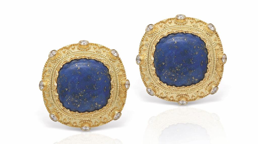 Lalaounis 18-karat yellow gold earrings with lapis lazuli and 0.84 carats of diamond pavé