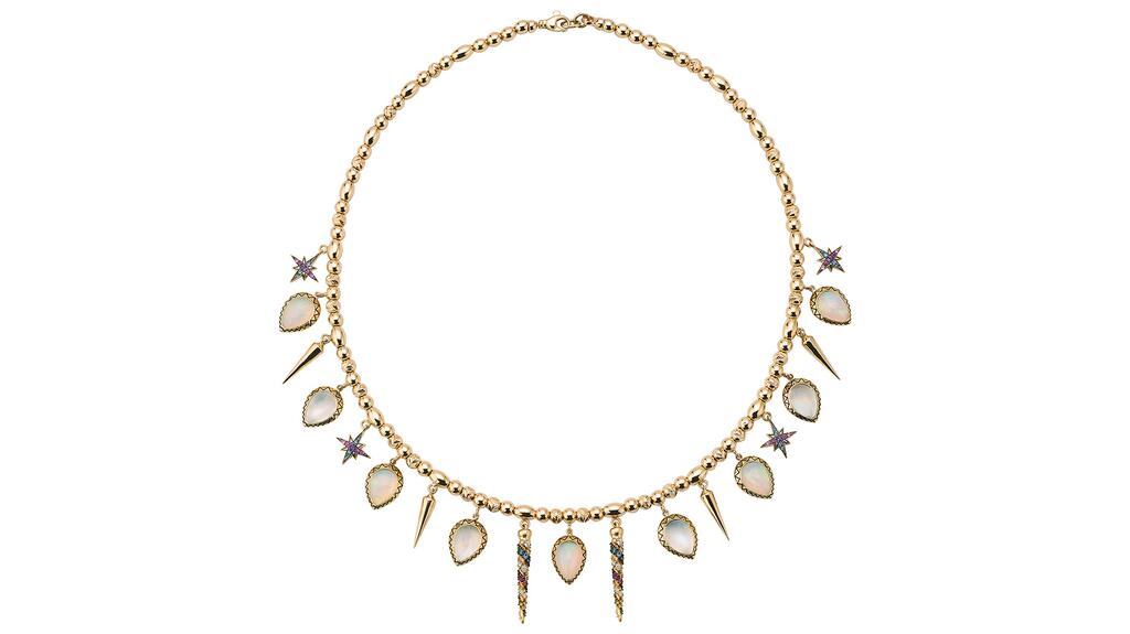 The “Narwal Reem” necklace by Venyx World with tsavorites, blue sapphires, amethysts, pink sapphires, orange sapphires, opals, and moonstone set in 18-karat yellow gold (price upon request) Venyx World Narwal Reem Necklace