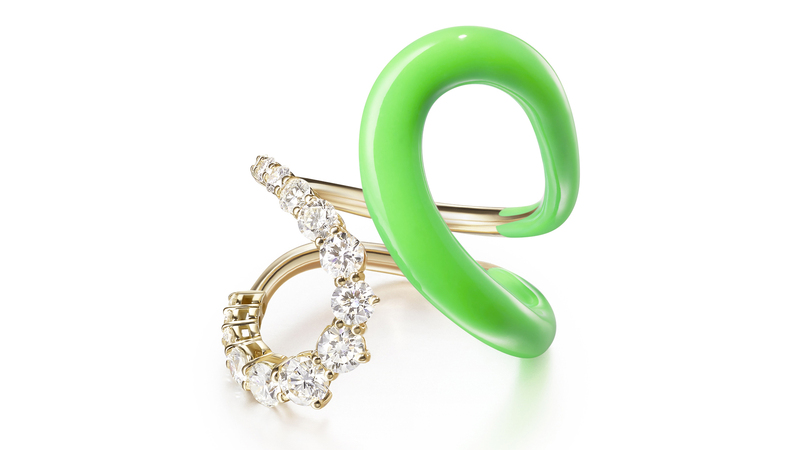 Melissa Kaye 18-karat yellow gold Aria Jane ring with neon green enamel and diamonds, crafted in New York City with recycled gold and responsibly sourced diamonds ($5,850)