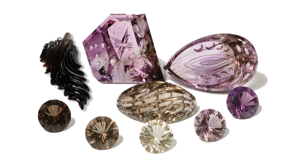 These cut and carved amethyst and smoky quartz stones came from Hallelujah Junction, Nevada.