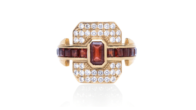 <a href="https://www.rainbowkjewelry.com/shop/ring-shield-garnets" target="_blank">Rainbow K</a> garnet ring with diamonds in 18-karat gold ($3,040)
