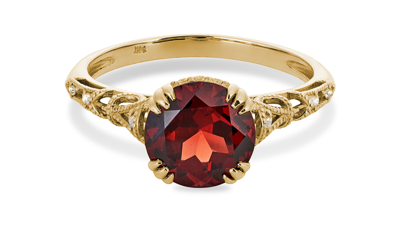 <a href="https://adornmentandtheory.com/products/hayley-yellow-gold-garnet-ring?variant=29270515056715" target="_blank">Adornment + Theory</a> Viviana Langhoff Collection 14-karat gold ring with garnet and diamond melee ($4,225)