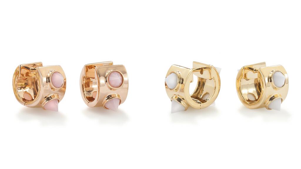Robinson Pelham Akida hoop earrings in rose gold with pink opal and yellow gold with white onyx