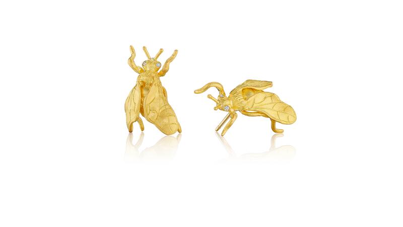A pair of Susan Gordon bee studs in 22-karat yellow gold and diamonds ($10,600) Susan Gordon bee studs