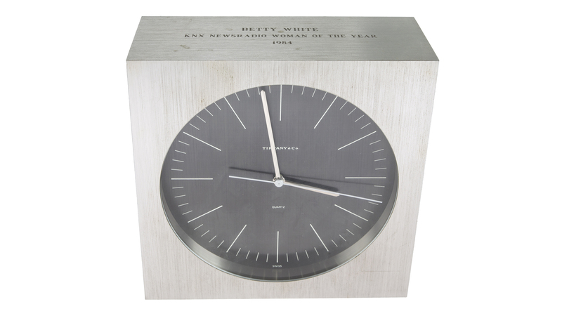 The auction estimate for this silver Tiffany & Co. clock given to White when she was named KNX Newsradio “Woman of the Year” in 1984 is $1,000 to $2,000. (Photo credit: Julien’s Auctions)