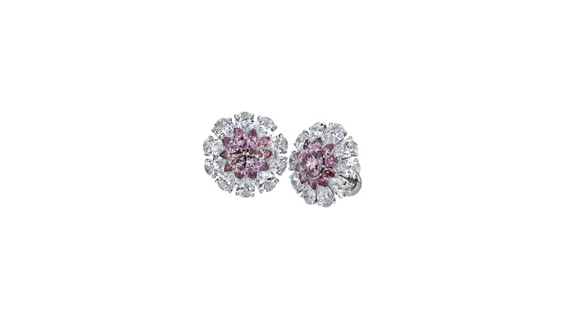 The “Australian Rose” earrings feature matching round fancy intense pink diamonds.