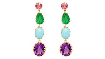 Jenna Blake 18-karat gold drop earrings with emerald, pink sapphire, turquoise, and amethyst 