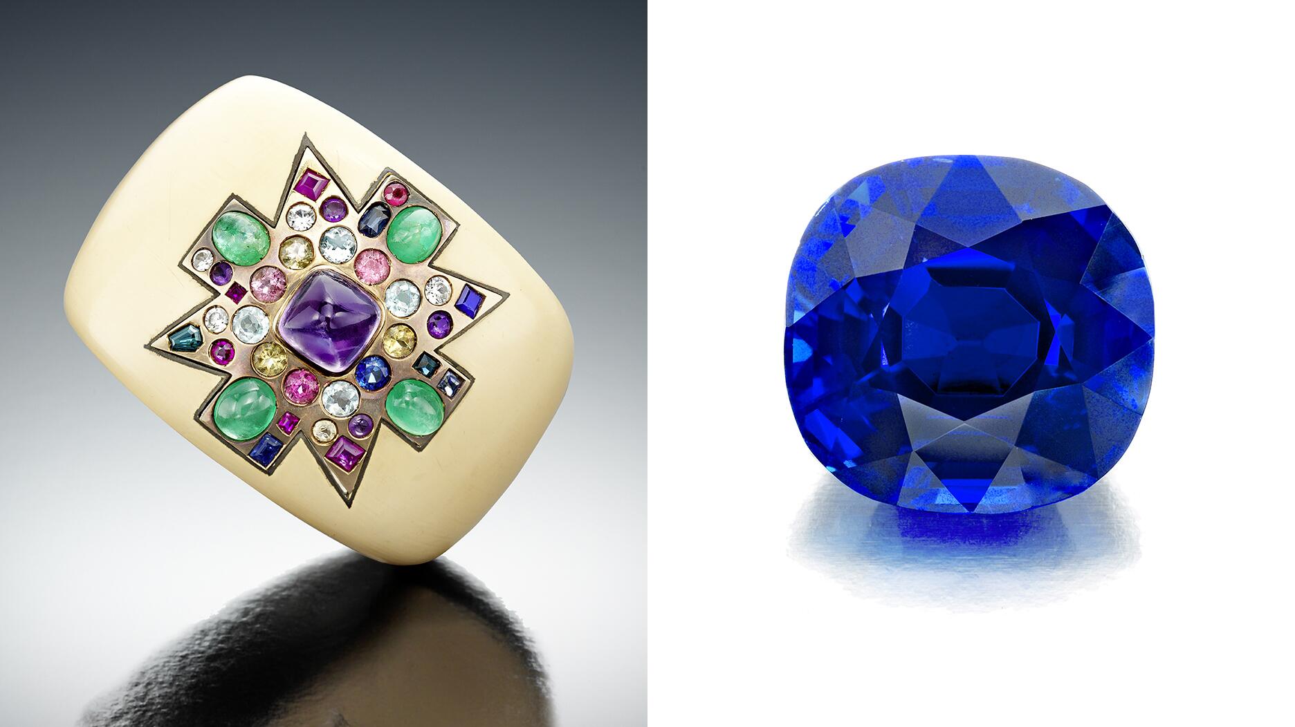A 1930s gem-set and enamel ‘Maltese cross’ cuff attributed to Verdura for Chanel (left) and a loose cushion-cut Burmese sapphire weighing 11.87 carats (right) were the top lots in Bonhams New York Jewels auction this week.