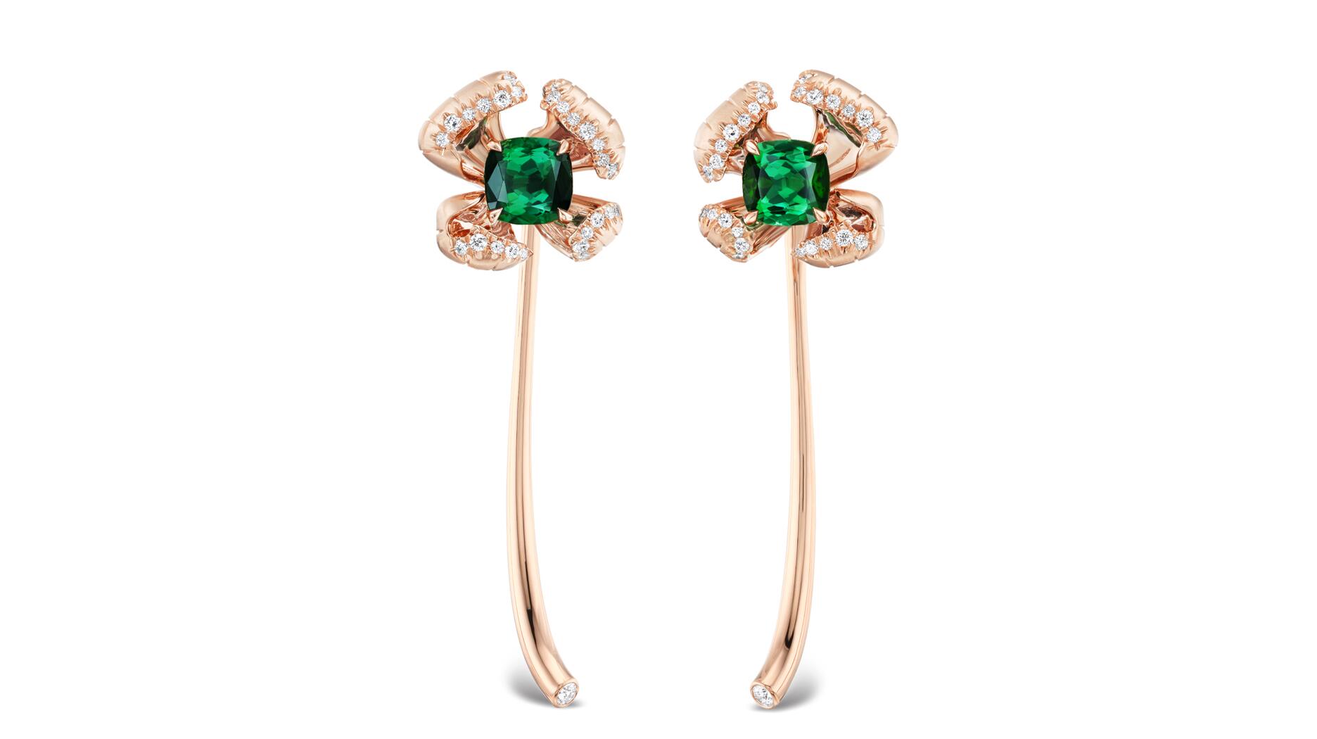 Lindsey Scoggins transformable tourmaline, diamond, and rose gold flower earrings