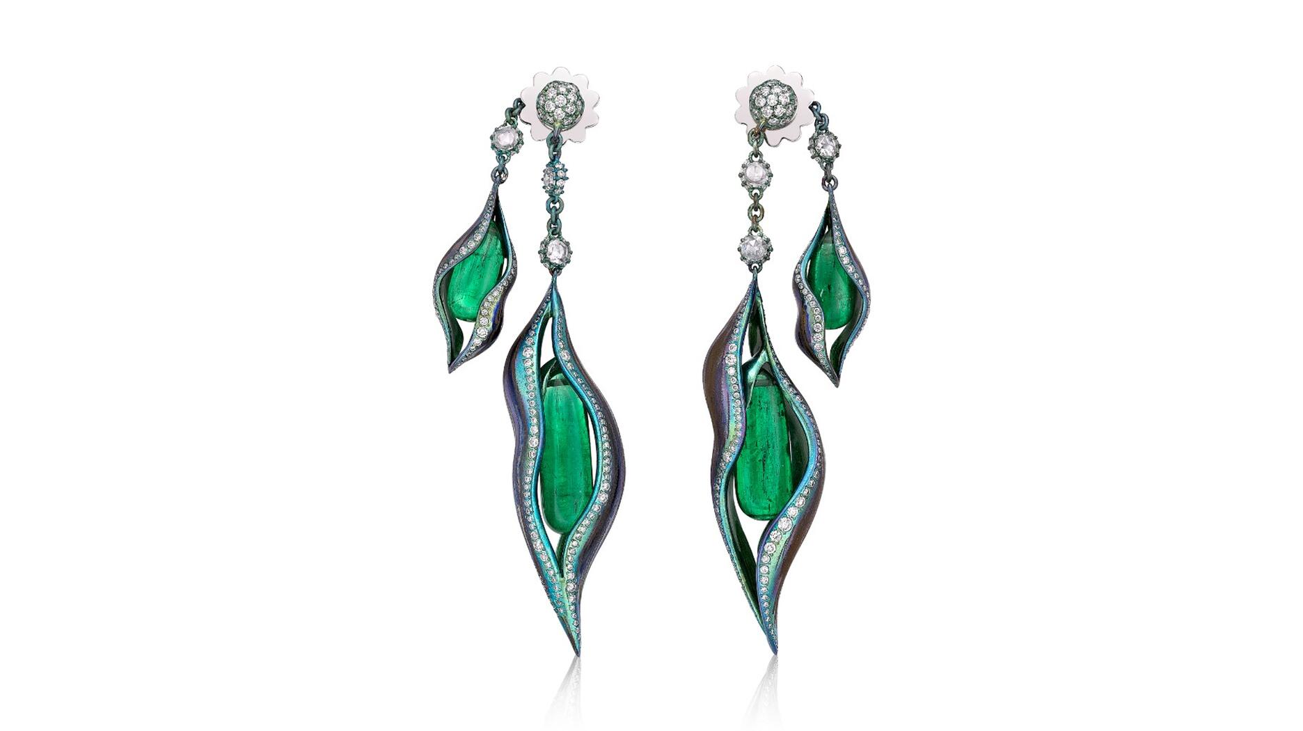 Saboo Fine Jewels emerald and titanium earrings
