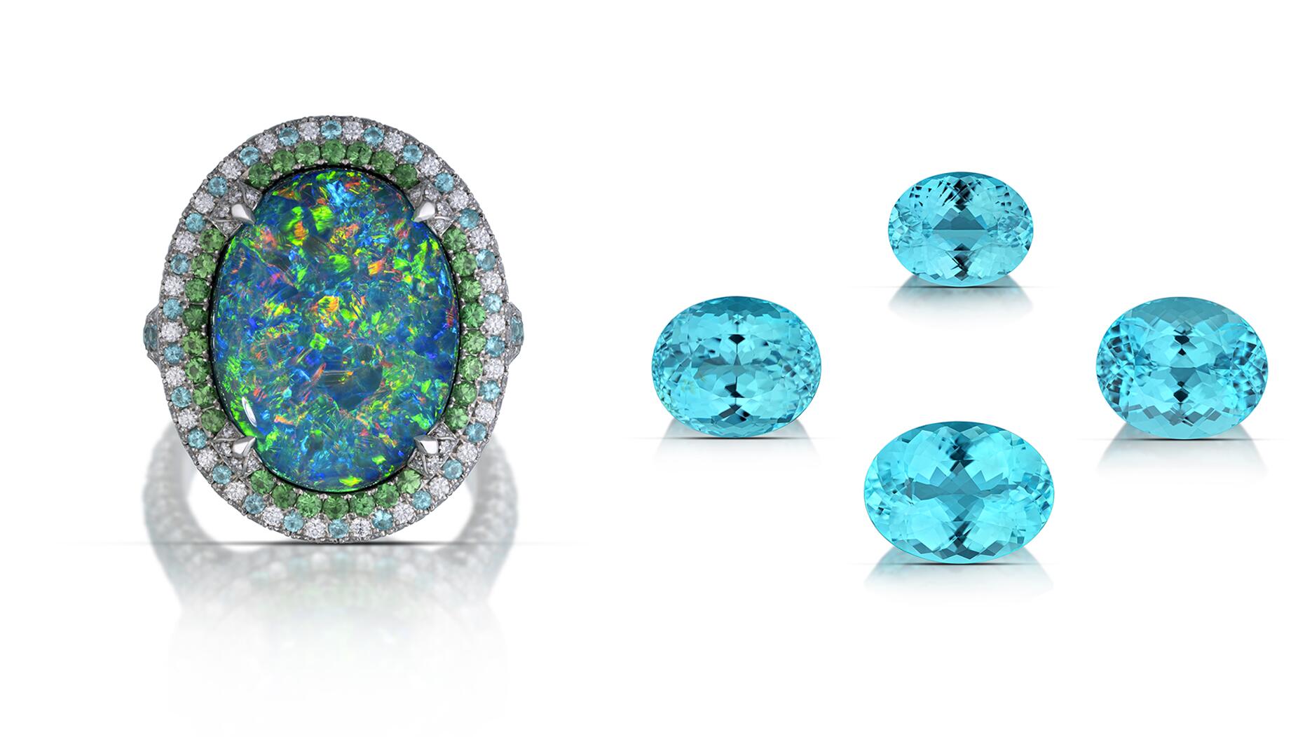 Omi Privé black opal platinum ring and a suite of four oval Paraíba-type tourmalines
