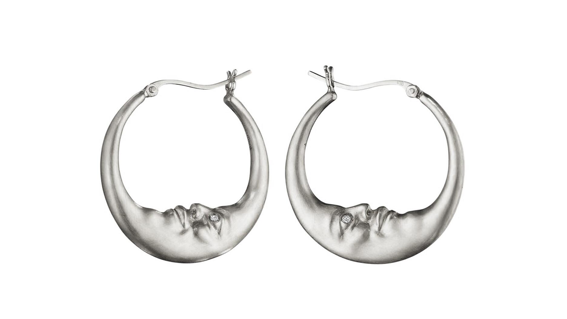 Anthony Lent platinum and diamond large moon hoop earrings 