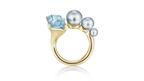 Assael 18-karat gold ring with blue Japanese Akoya pearls and aquamarine 